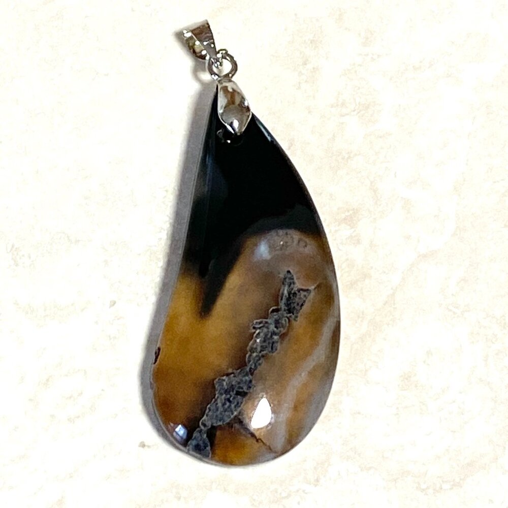 Natural Earthy Agate Pendant, Large Water-drop Genuine Gemstone w/ Druzy